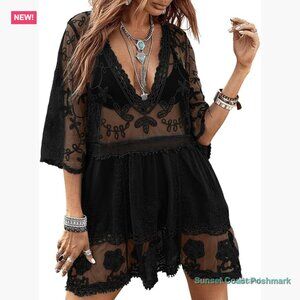 Contrast Lace V-Neck Swimsuit Coverup Rayon Beach Dress